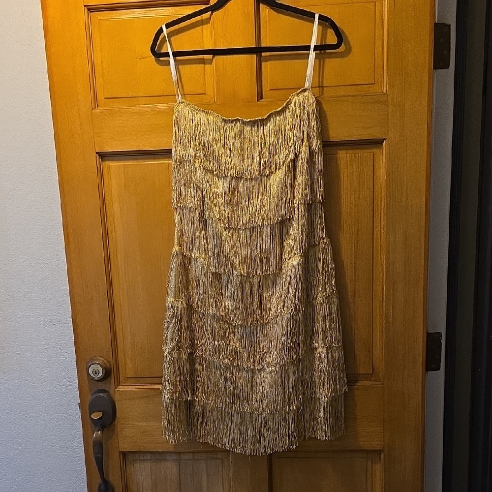 Symphony Gold Layered Fringe Mini Dress